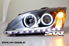 SW-CCFL Angel Eye Scheinwerfer Ford Focus Mk2 04-08 mit CCFL-Ringe LED Leiste black
